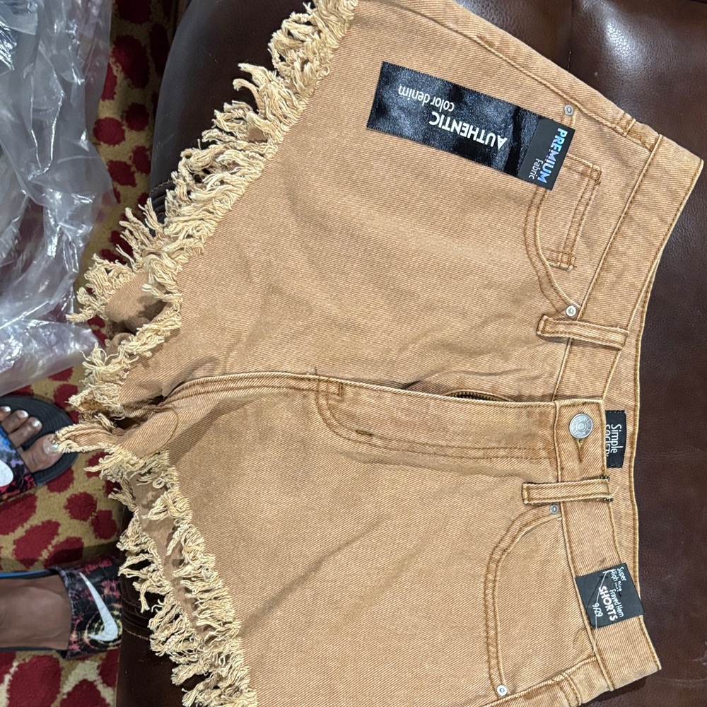 SHEIN Tan Fringe Jean Shorts